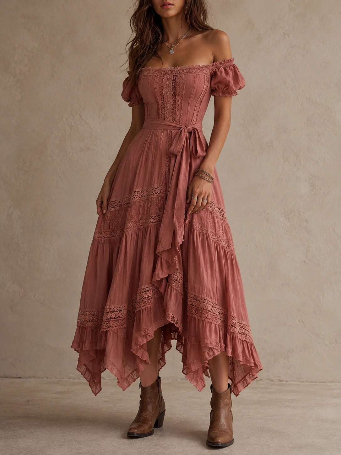 Dusty Rose Off-Shoulder Lace Midi Dress