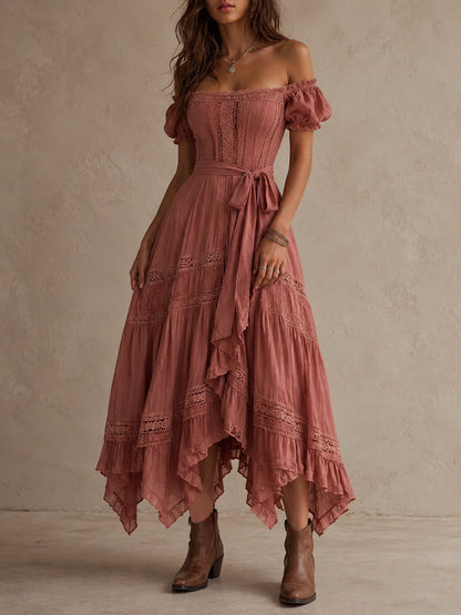 Dusty Rose Off-Shoulder Lace Midi Dress