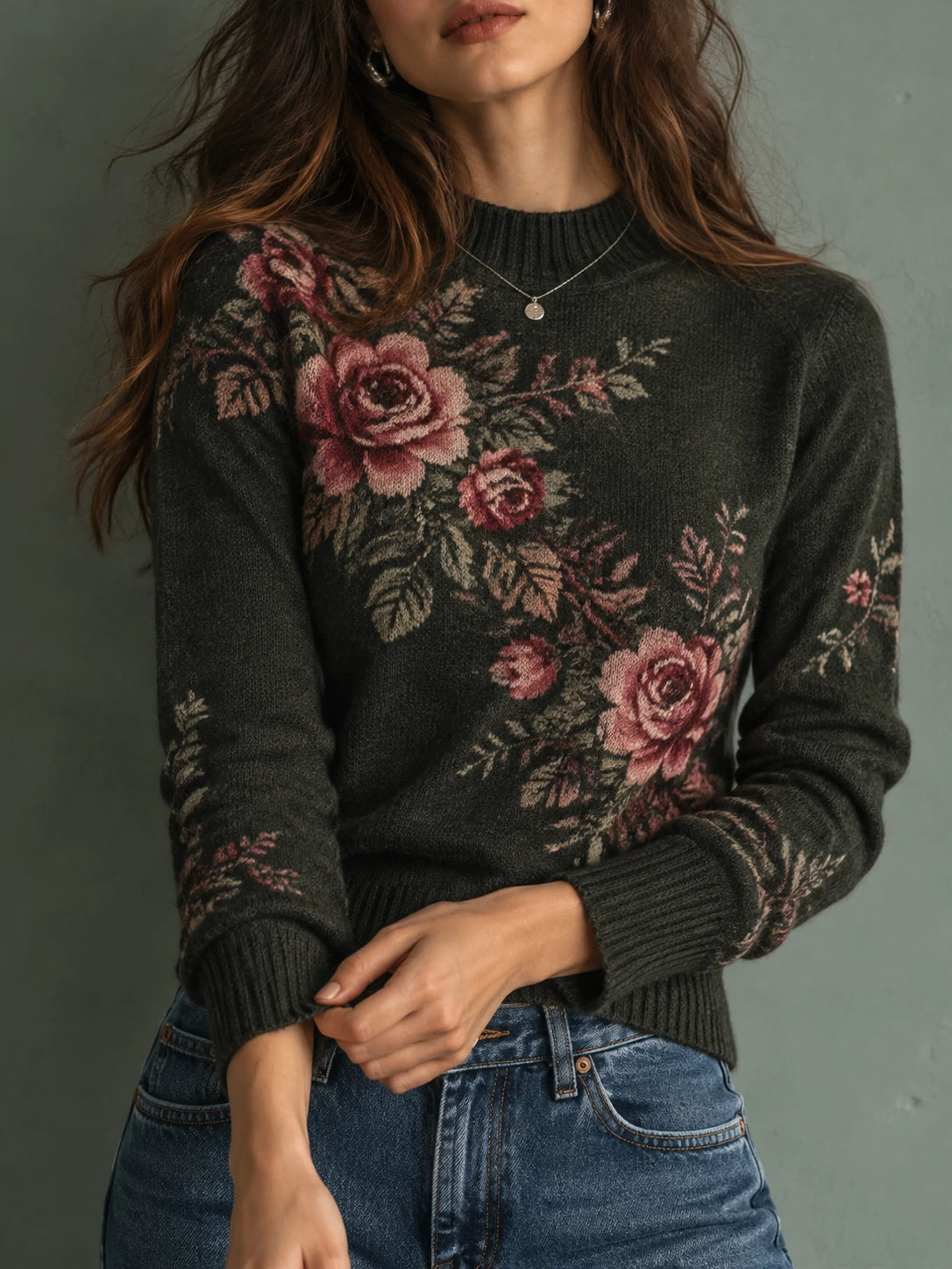 Vintage Rose Crewneck Knit Sweater