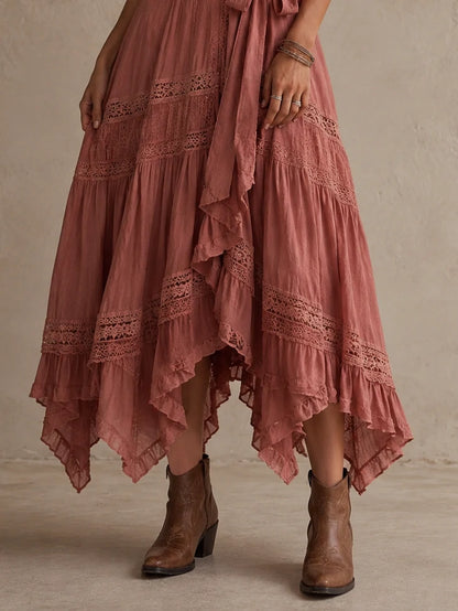 Dusty Rose Off-Shoulder Lace Midi Dress
