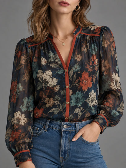 Contrast-Placket Floral Button Blouse