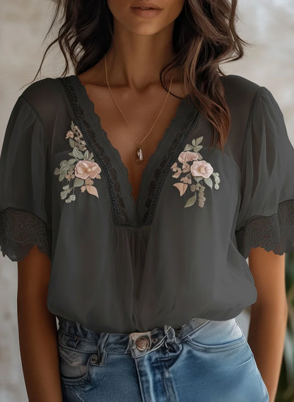 Boho Delicate Lace Floral Embroidered Chiffon Blouse