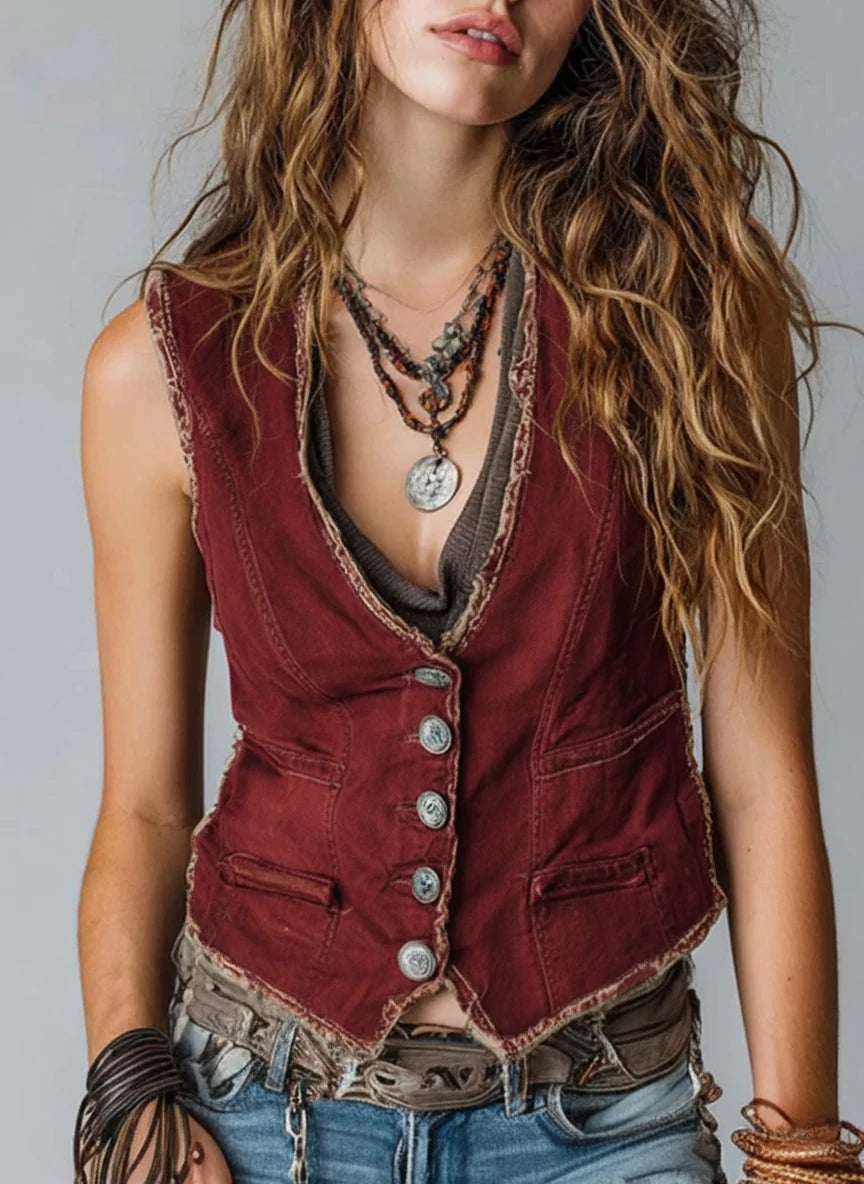 Washed Caramel Denim With Brass Button Stitching Vest