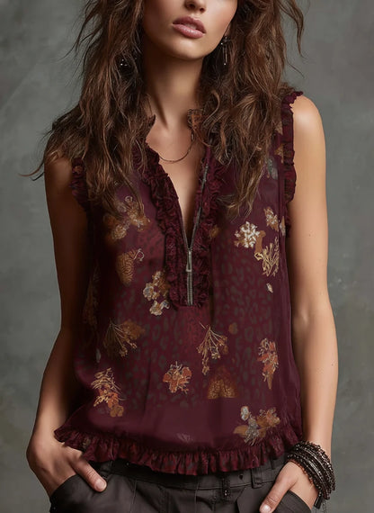 Boho chiffon ruffle top with leopard floral print in Burgundy — bohemian sleeveless blouse