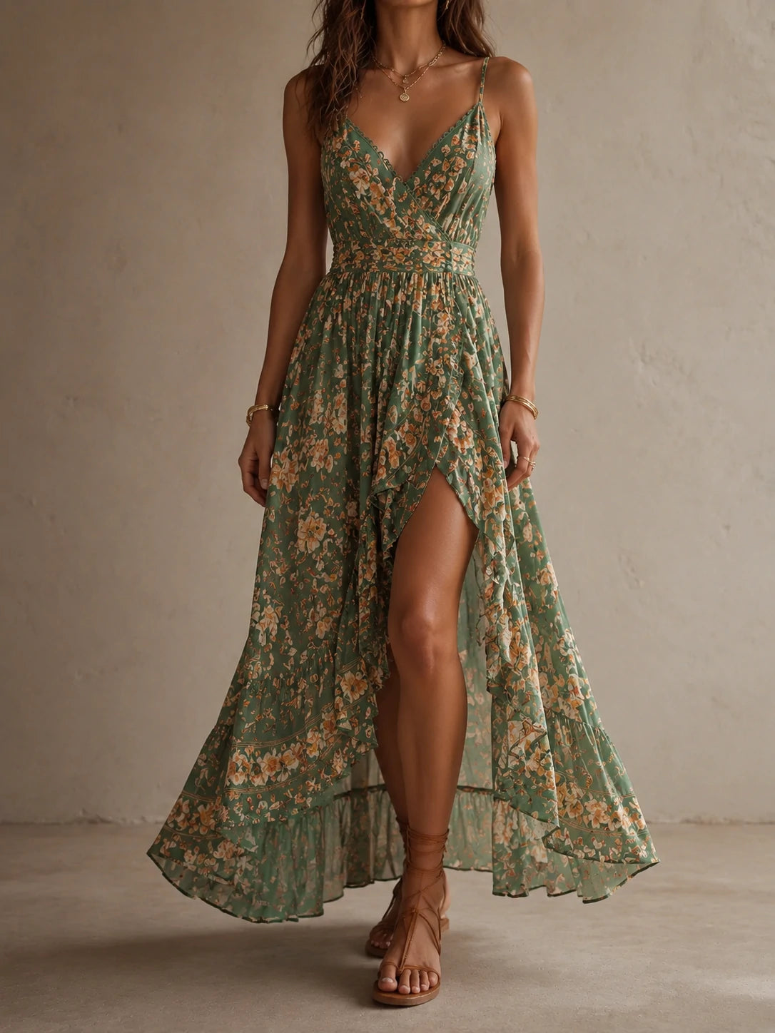 Sage Floral Wrap Slit Maxi Dress