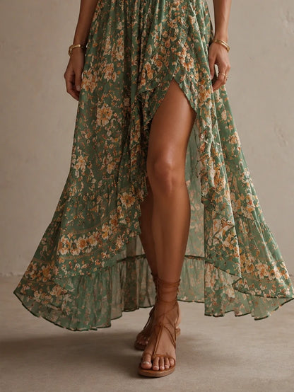 Sage Floral Wrap Slit Maxi Dress