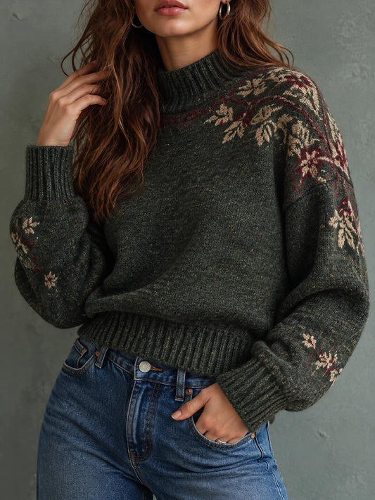 Botanical Mock Neck Balloon Sleeve Sweater