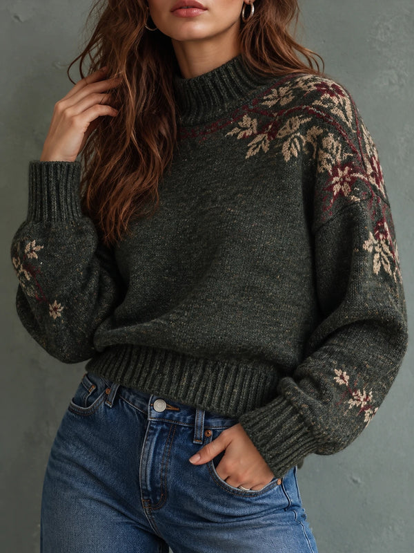 Botanical Mock Neck Balloon Sleeve Sweater