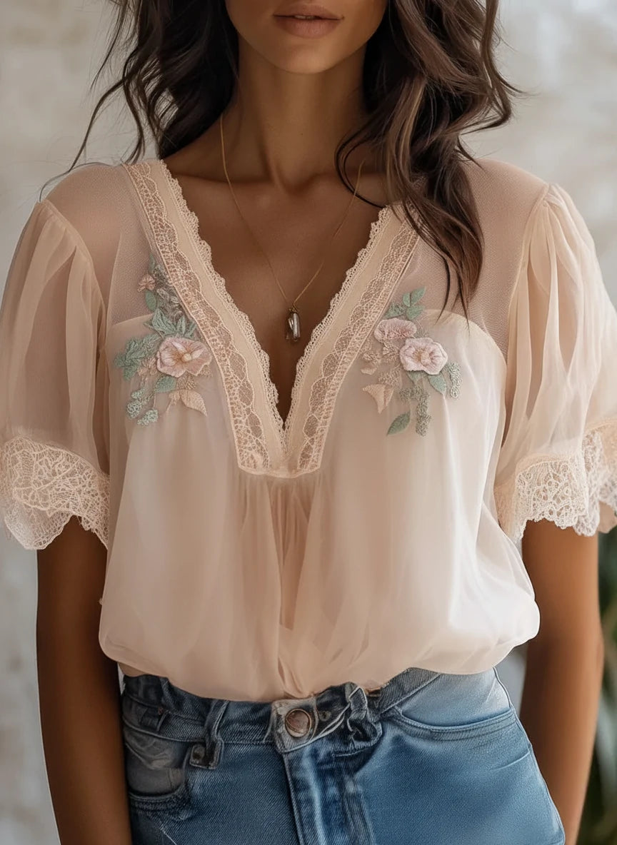 Boho Delicate Floral Embroidered Chiffon Blouse