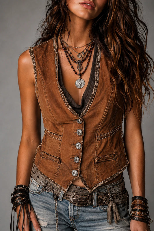 Washed Caramel Denim With Brass Button Stitching Vest