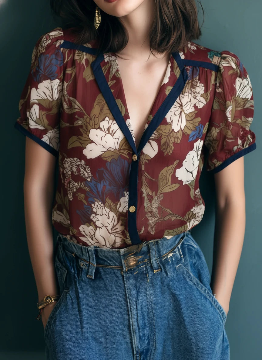 Vintage Sheer Floral Print Blouse With Contrast Trim