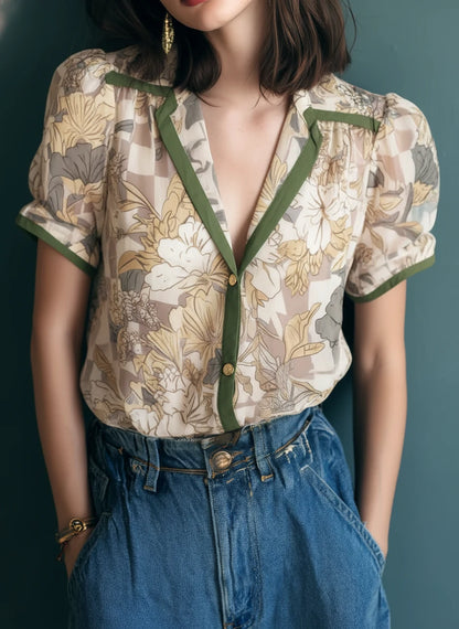 Vintage sheer floral blouse with contrast trim in Creamy White — lightweight layering top