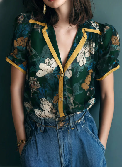 Vintage sheer floral blouse with contrast trim in Dark Green — vintage-luxe women's blouse