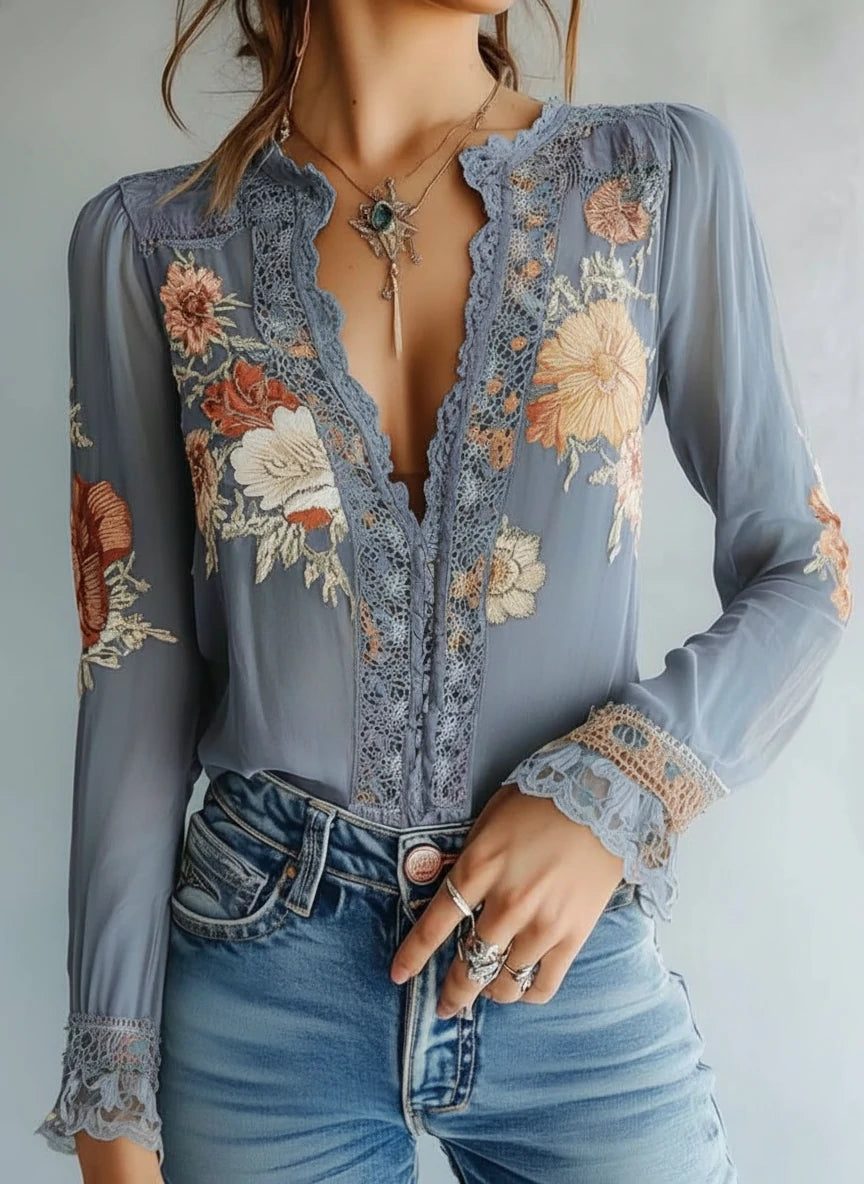 Bohemian Floral Printed Lace Blouse