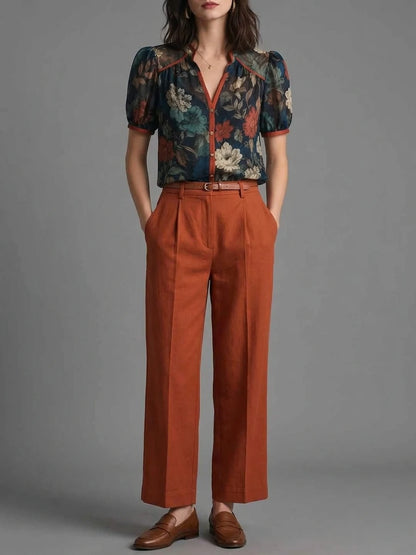 Dark Floral Sheer Blouse & Rust Wide-Leg Trousers Set
