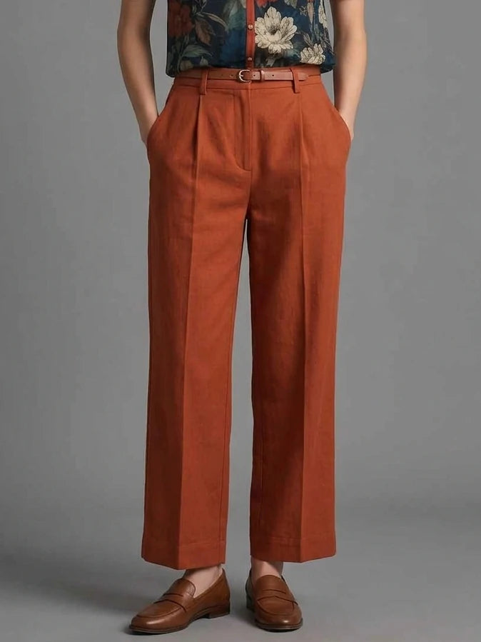 Dark Floral Sheer Blouse & Rust Wide-Leg Trousers Set