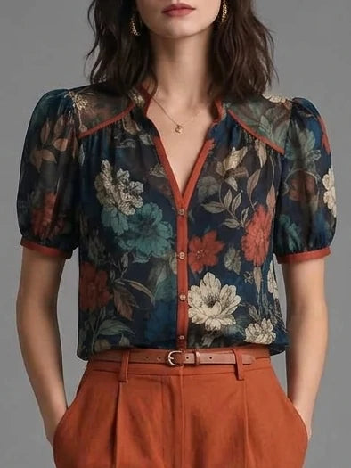 Dark Floral Sheer Blouse & Rust Wide-Leg Trousers Set