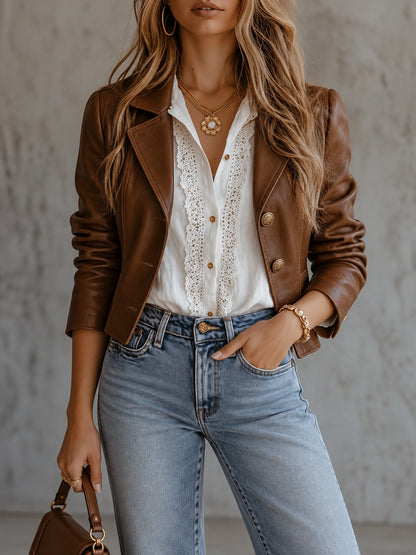 Leather-Look Buttoned Cropped Blazer
