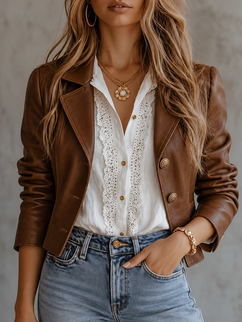 Leather-Look Buttoned Cropped Blazer