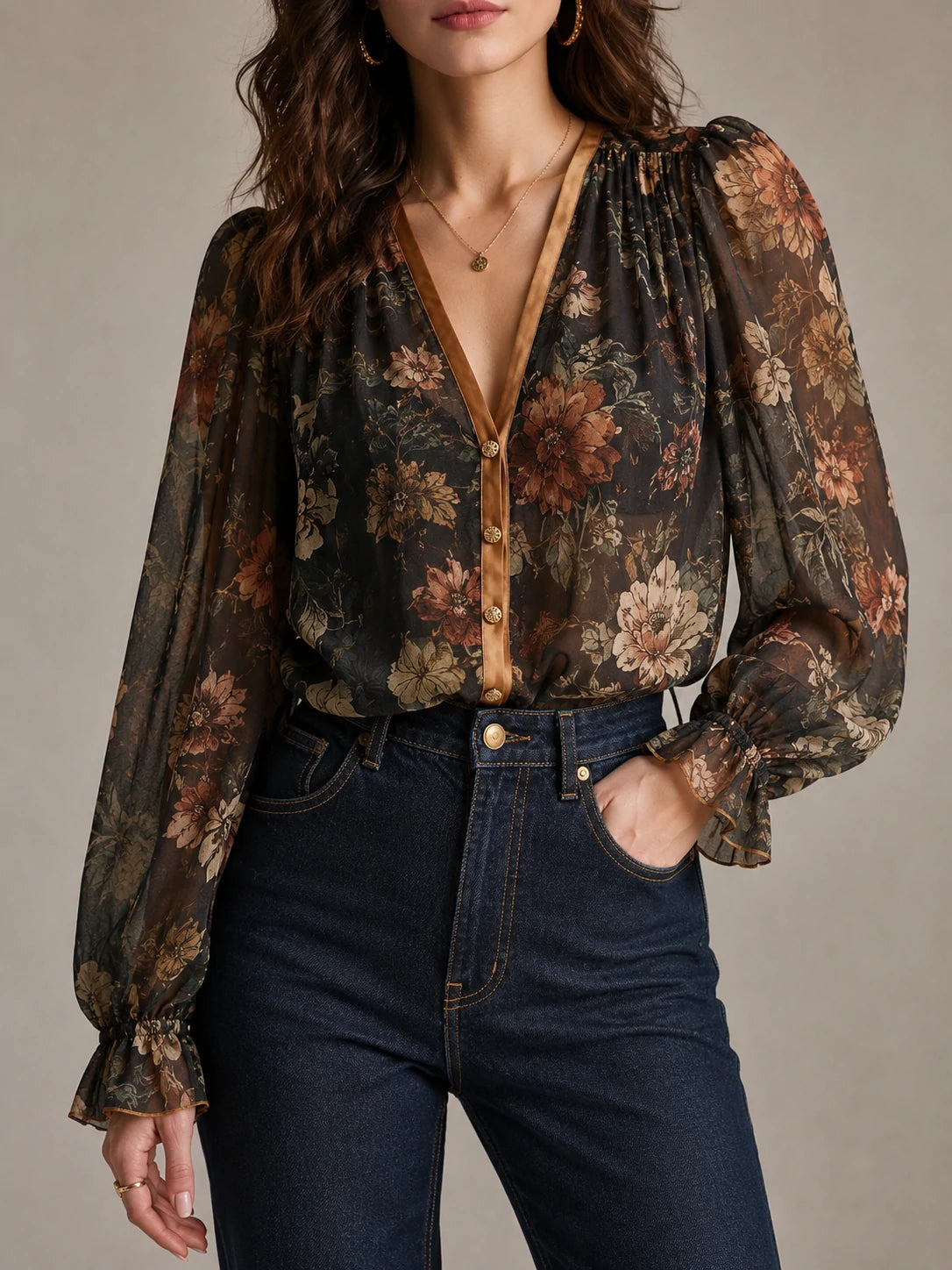 Dark Botanical Floral Sheer Bishop Sleeve Blouse