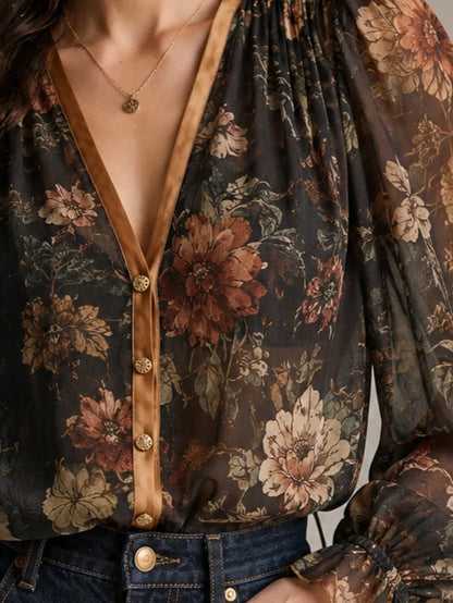 Dark Botanical Floral Sheer Bishop Sleeve Blouse