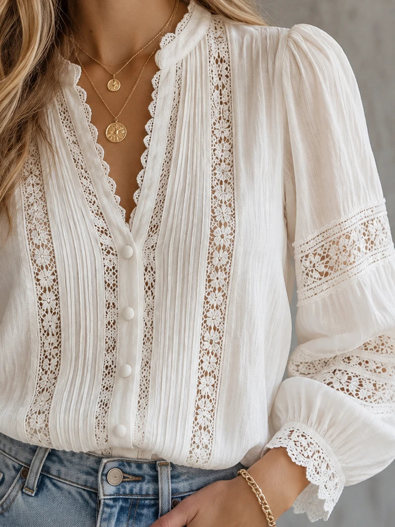 Pintuck Lace-Insert Button Blouse