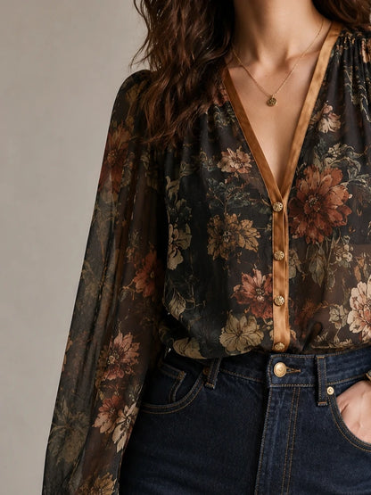 Dark Botanical Floral Sheer Bishop Sleeve Blouse