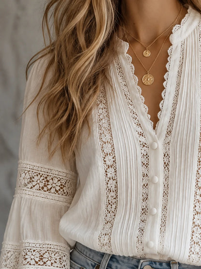 Pintuck Lace-Insert Button Blouse