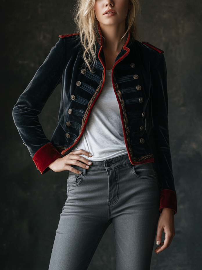 Retro Chic Velvet Military Style Double-Breasted Jacket