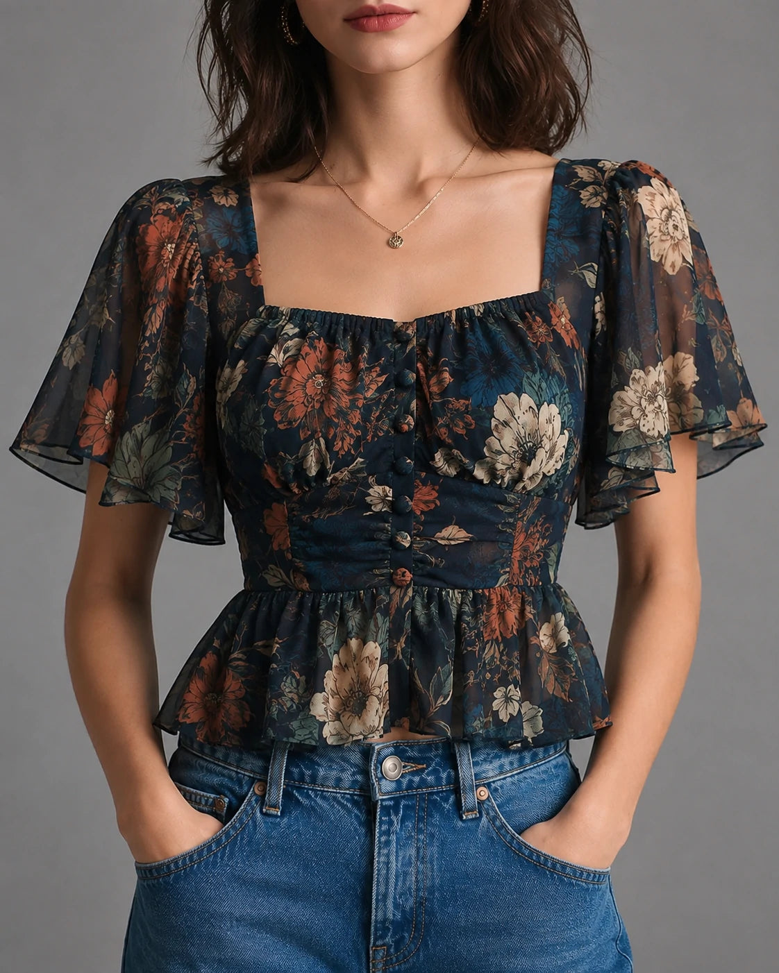 Dark Floral Chiffon Peplum Corset Top