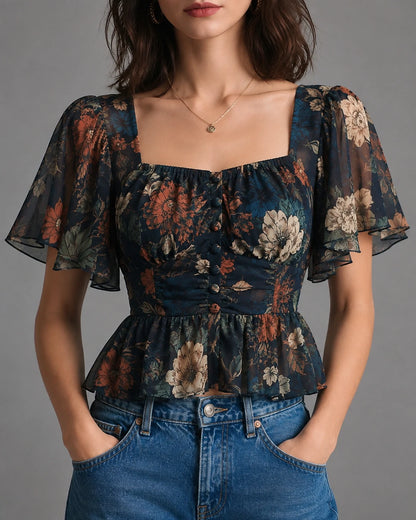 Dark Floral Chiffon Peplum Corset Top