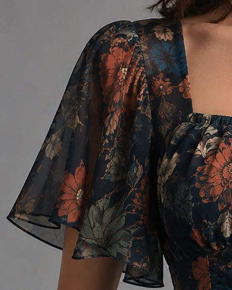 Dark Floral Chiffon Peplum Corset Top
