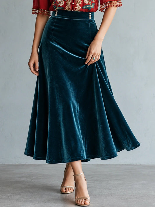 Button-Detail Velvet-Look Midi Skirt