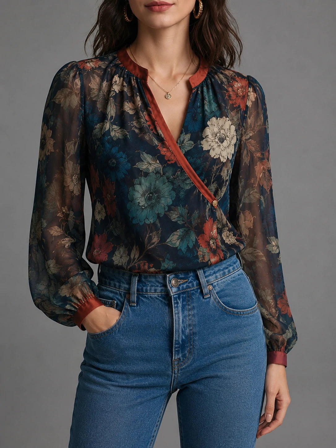 Dark Botanical Floral Sheer Wrap Blouse