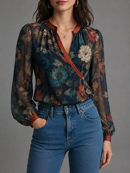 Dark Botanical Floral Sheer Wrap Blouse
