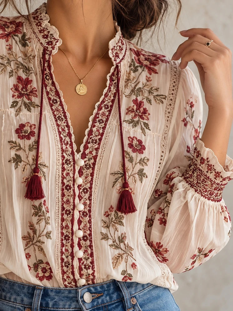 Botanical Tassel-Tie Lace-Trim Blouse