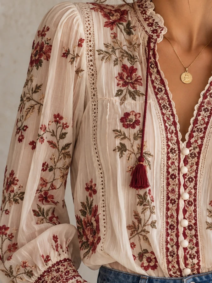 Botanical Tassel-Tie Lace-Trim Blouse