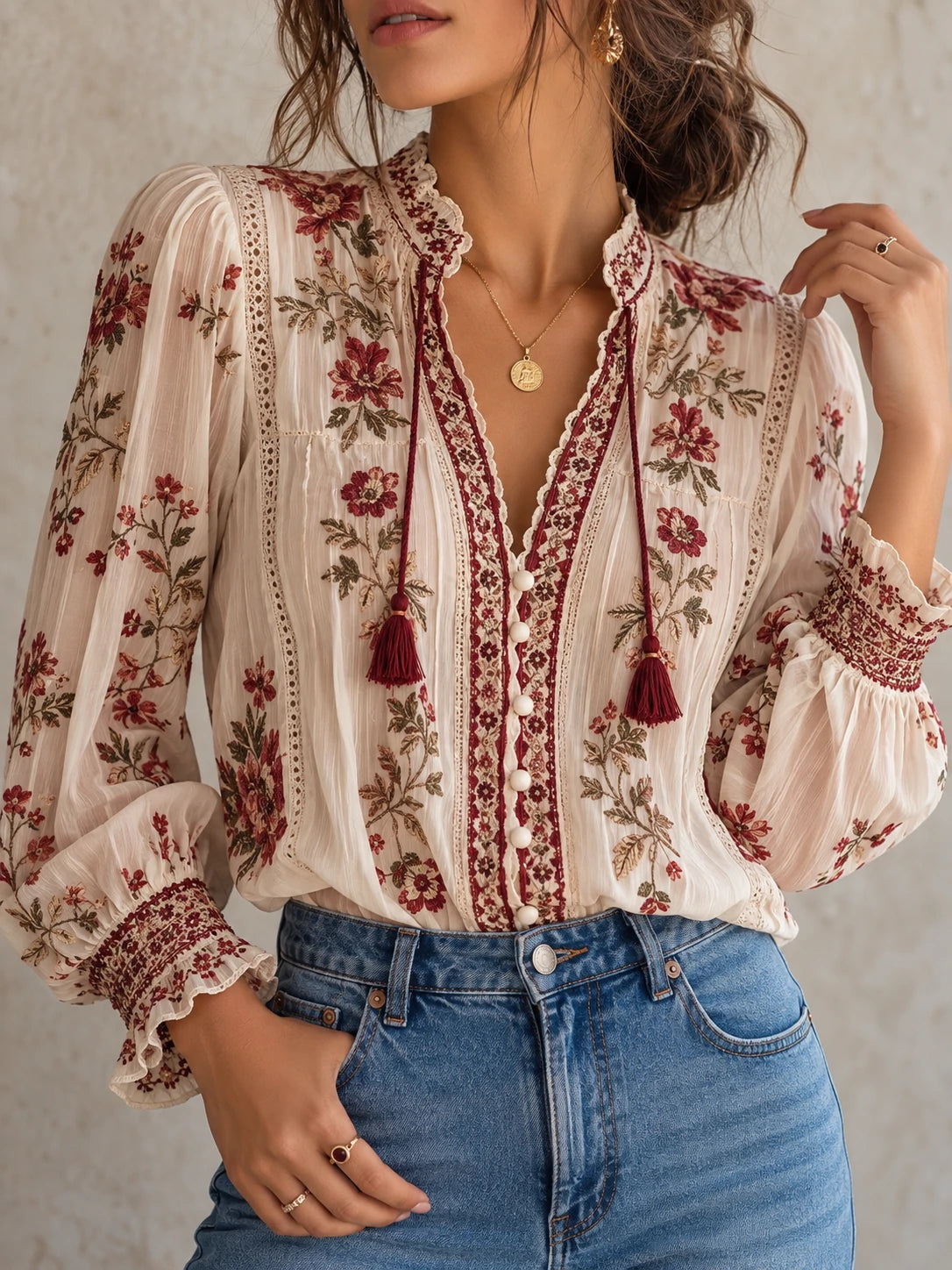 Botanical Tassel-Tie Lace-Trim Blouse