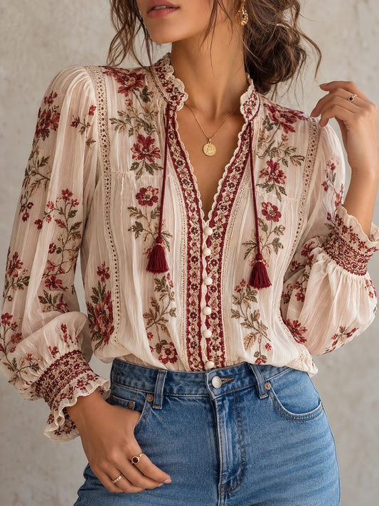 Botanical Tassel-Tie Lace-Trim Blouse
