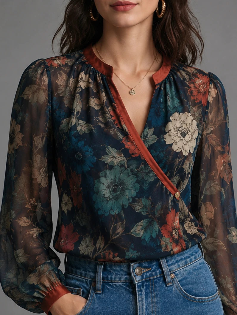 Dark Botanical Floral Sheer Wrap Blouse