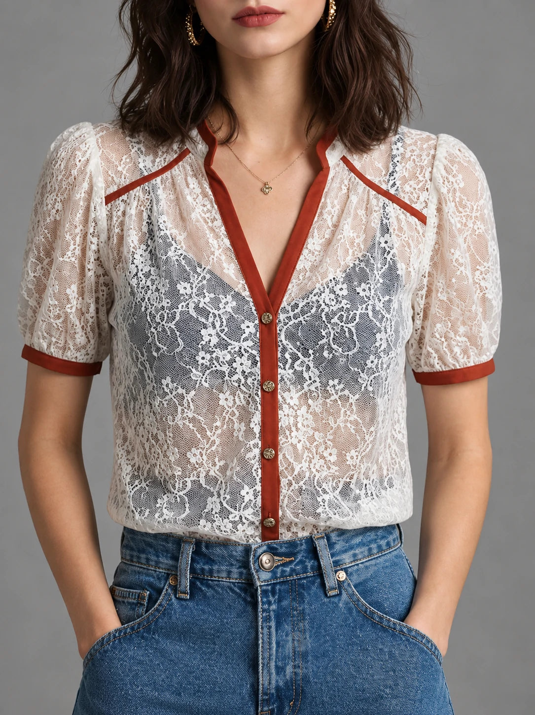 Ivory Lace Puff Sleeve Blouse