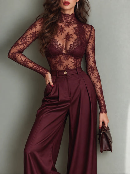 Sheer Floral Lace High-Neck Top