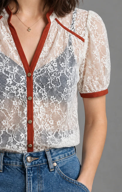 Ivory Lace Puff Sleeve Blouse