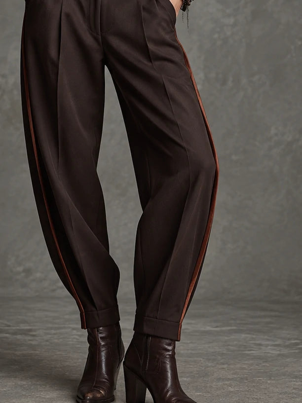 Contrast-Piped Pleated Barrel Trousers