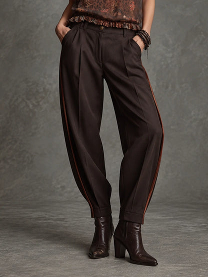Contrast-Piped Pleated Barrel Trousers