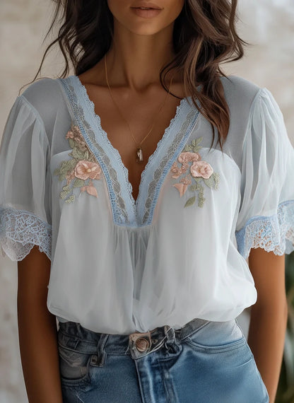 Boho Delicate Lace Floral Embroidered Chiffon Blouse