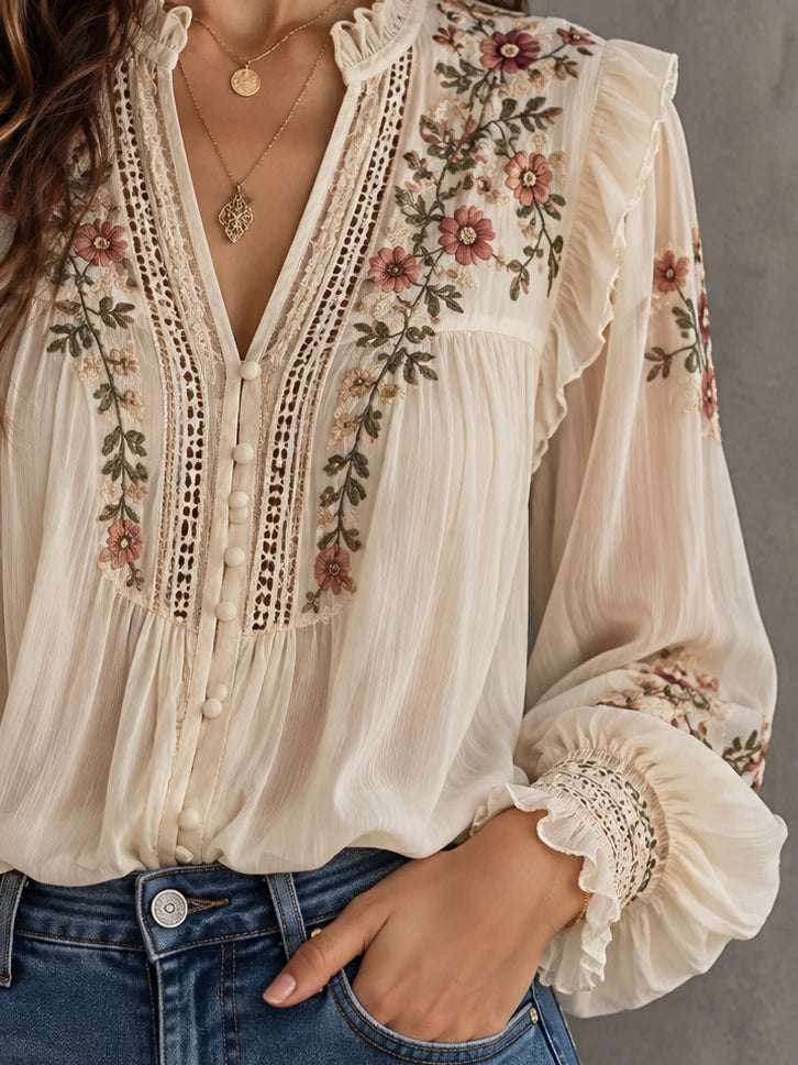 Botanical Ruffle-Yoke Lace-Insert Blouse