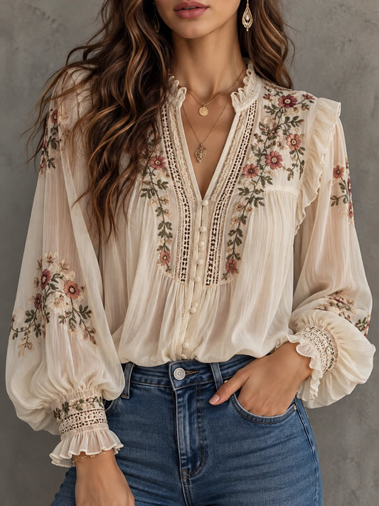 Botanical Ruffle-Yoke Lace-Insert Blouse