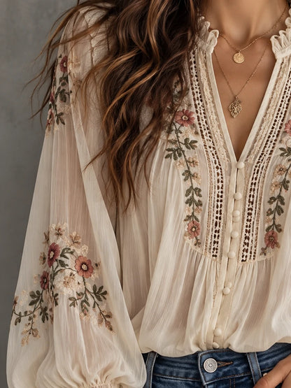 Botanical Ruffle-Yoke Lace-Insert Blouse