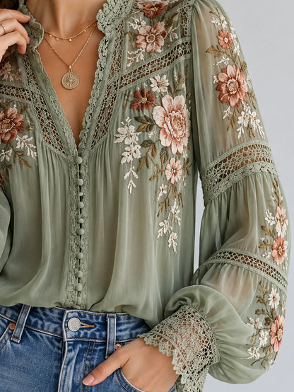 Botanical Lace-Insert Sage Blouse